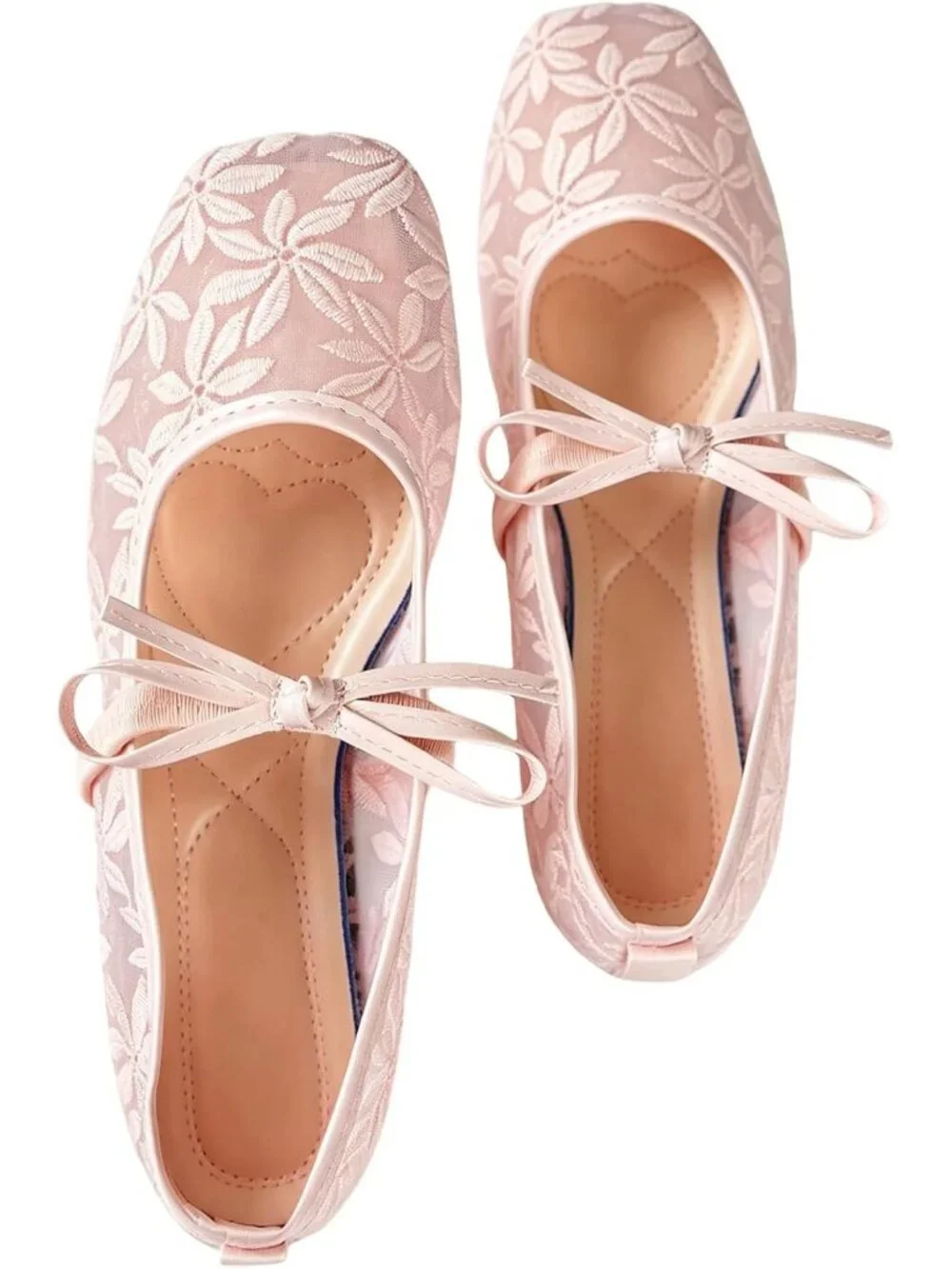 Women's Pastel Pink Mesh Ballet Flats Lace Bow Square Toe Wedding Dressy Shoes